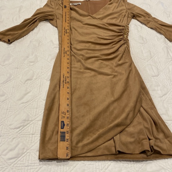 Kay Unger Tan Micro Suede Midi Dress- Faux wrap with decorative side zipper - Picture 8 of 15